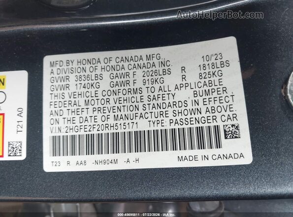 2HGFE2F20RH515171 2024 HONDA CIVIC Серый Вид подкапотного пространства