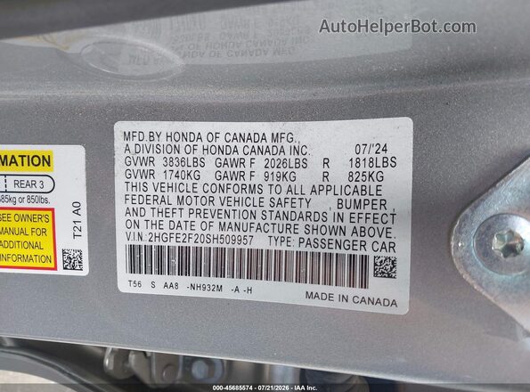 2HGFE2F20SH509957 2025 HONDA CIVIC Silver ძრავის განყოფილების ხედი