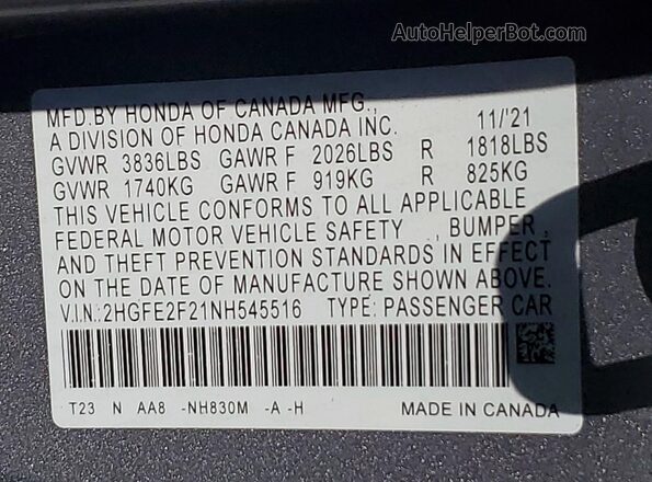 2HGFE2F21NH545516 2022 HONDA CIVIC Серебряный Вид подкапотного пространства