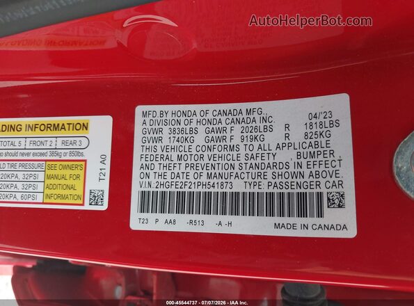 2HGFE2F21PH541873 2023 HONDA CIVIC Red Вид підкапотного простору