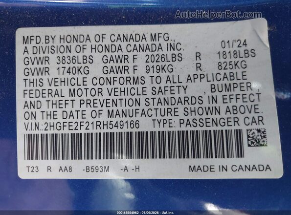 2HGFE2F21RH549166 2024 HONDA CIVIC Blue Շարժիչի բաժամունքի տեսք