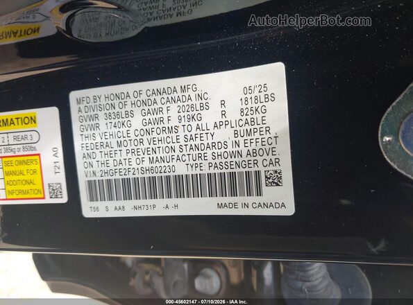 2HGFE2F21SH602230 2025 HONDA CIVIC Black Вид підкапотного простору