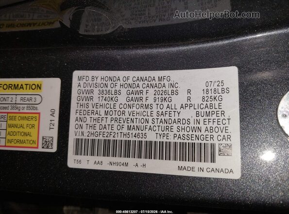 2HGFE2F21TH514635 2026 HONDA CIVIC Gray Engine compartment view