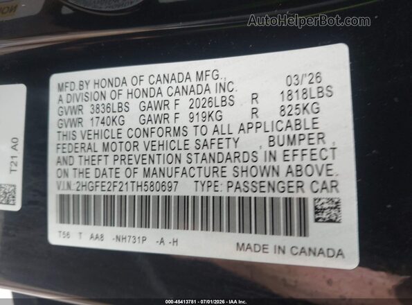 2HGFE2F21TH580697 2026 HONDA CIVIC Black Вид підкапотного простору