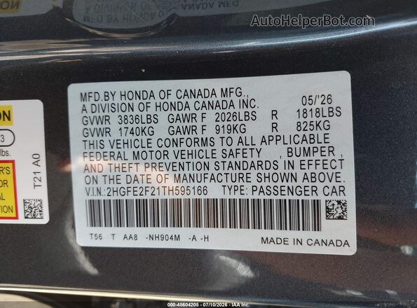 2HGFE2F21TH595166 2026 HONDA CIVIC Gray Շարժիչի բաժամունքի տեսք
