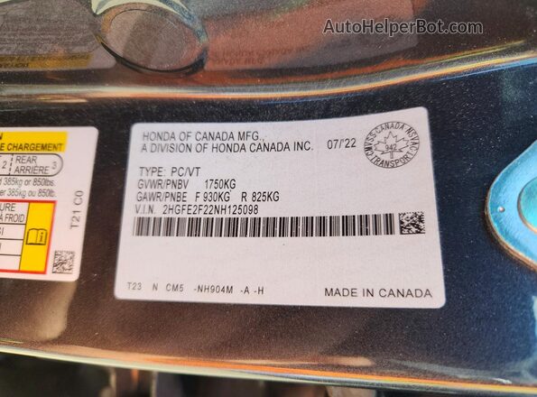 2HGFE2F22NH125098 2022 HONDA CIVIC Серый Вид подкапотного пространства