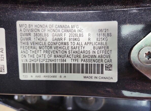 2HGFE2F22NH511584 2022 HONDA CIVIC Gray Engine compartment view