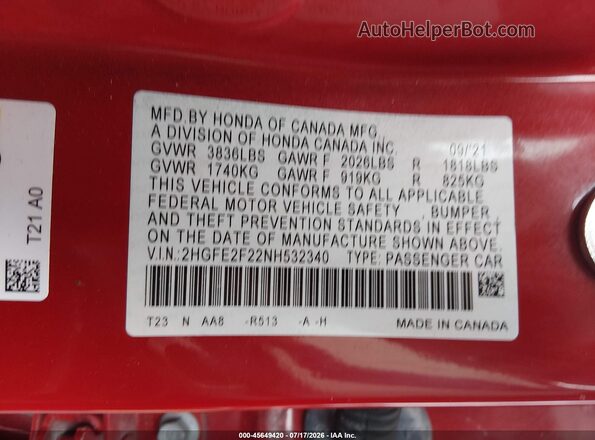 2HGFE2F22NH532340 2022 HONDA CIVIC Red Widok komory silnika