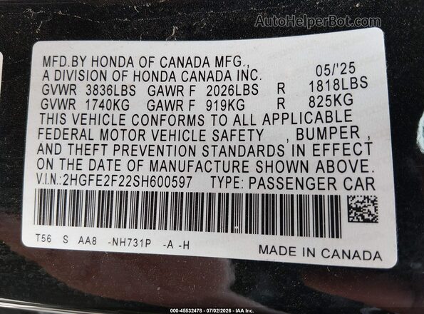 2HGFE2F22SH600597 2025 HONDA CIVIC Black Շարժիչի բաժամունքի տեսք
