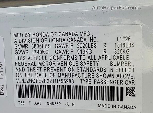 2HGFE2F22TH556988 2026 HONDA CIVIC White Engine compartment view