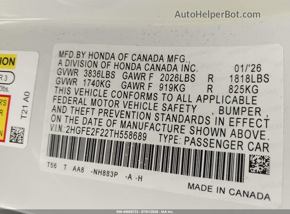 2HGFE2F22TH558689 2026 HONDA CIVIC White Widok komory silnika