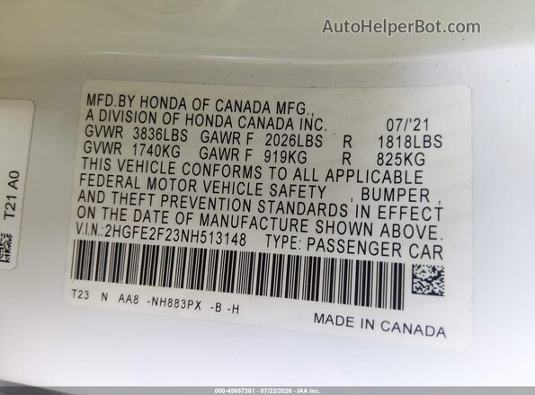 2HGFE2F23NH513148 2022 HONDA CIVIC Белый Вид подкапотного пространства