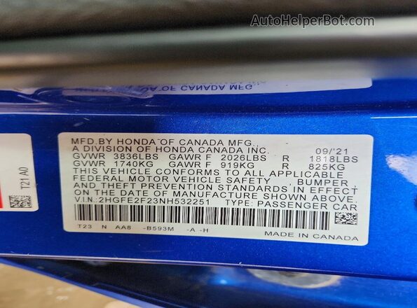 2HGFE2F23NH532251 2022 HONDA CIVIC Blue Vista del compartimento del motor
