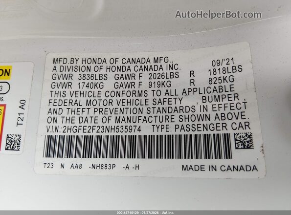 2HGFE2F23NH535974 2022 HONDA CIVIC White Vista del compartimento del motor
