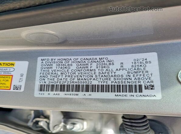 2HGFE2F23RH559522 2024 HONDA CIVIC Silver Vista de la etiqueta del VIN