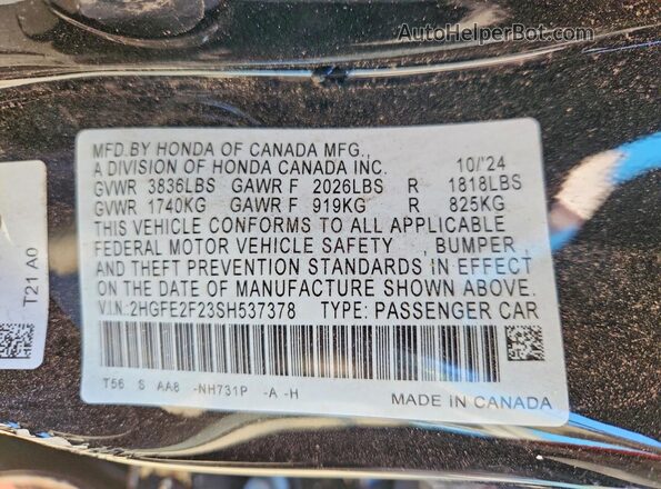 2HGFE2F23SH537378 2025 HONDA CIVIC Black Շարժիչի բաժամունքի տեսք