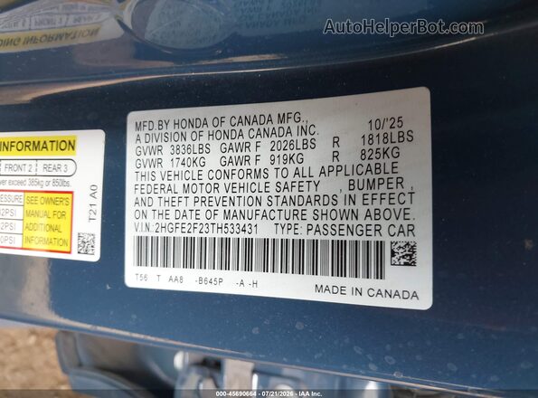 2HGFE2F23TH533431 2026 HONDA CIVIC Синий Вид подкапотного пространства