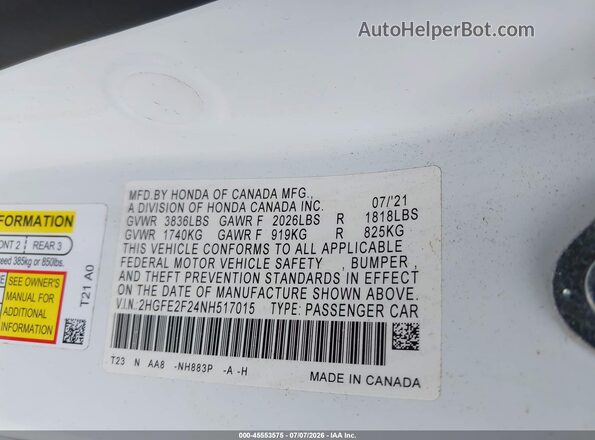 2HGFE2F24NH517015 2022 HONDA CIVIC Белый Вид подкапотного пространства