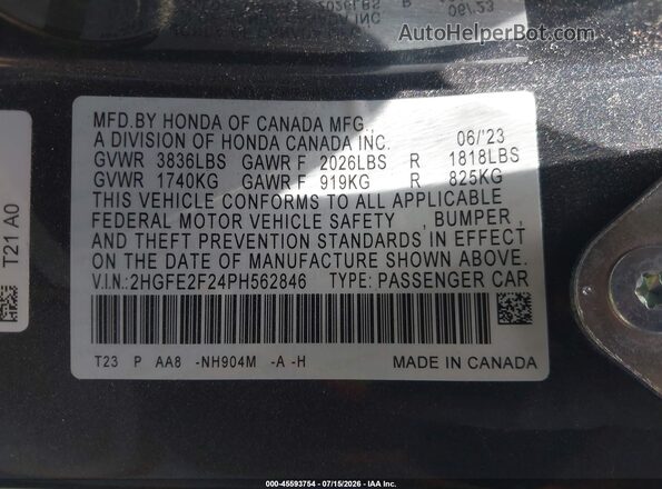 2HGFE2F24PH562846 2023 HONDA CIVIC Серый Вид подкапотного пространства