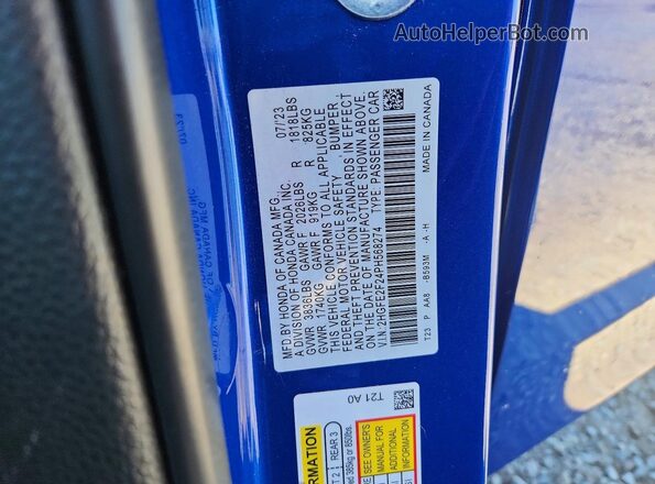 2HGFE2F24PH568274 2023 HONDA CIVIC Blue Vista de la etiqueta del VIN