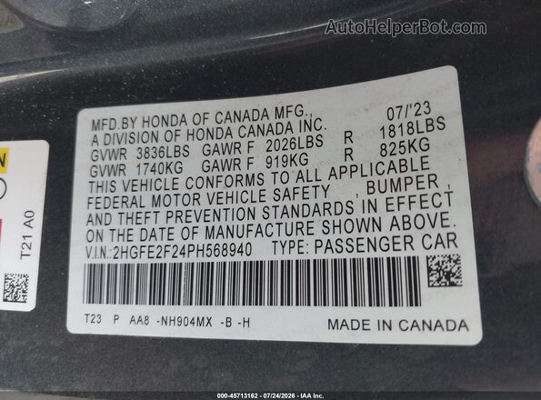 2HGFE2F24PH568940 2023 HONDA CIVIC Gray Вид підкапотного простору
