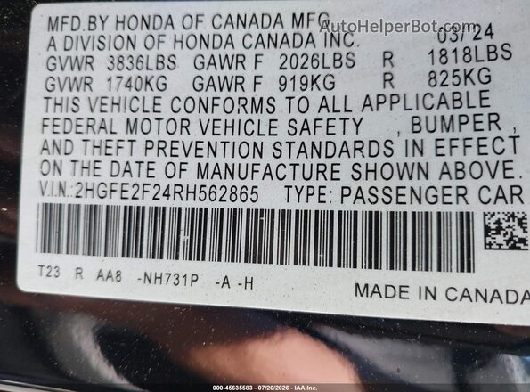 2HGFE2F24RH562865 2024 HONDA CIVIC Черный Вид подкапотного пространства
