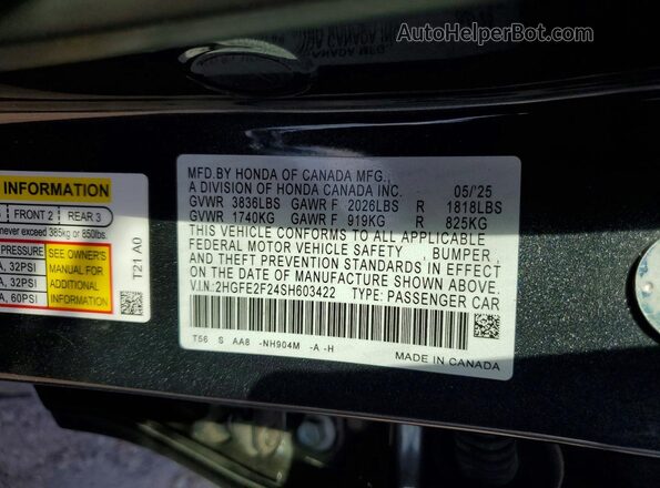 2HGFE2F24SH603422 2025 HONDA CIVIC Black Вид підкапотного простору