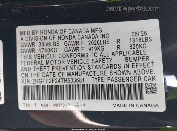 2HGFE2F24TH603681 2026 HONDA CIVIC Black Vista del compartimento del motor
