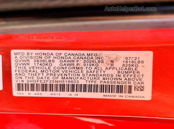 2HGFE2F25NH516603 2022 HONDA CIVIC Red Engine compartment view