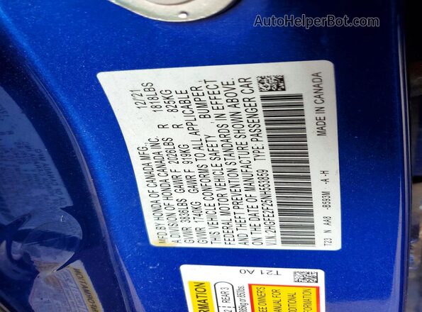 2HGFE2F25NH553859 2022 HONDA CIVIC Blue Вид наклейки з VIN-кодом