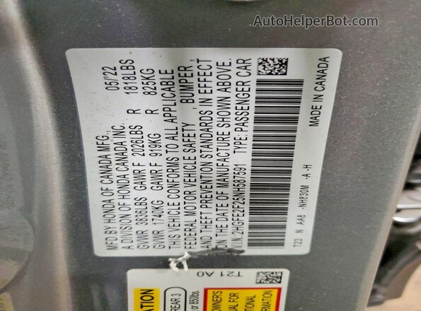 2HGFE2F25NH587591 2022 HONDA CIVIC Silver VIN կոդի պիտակի տեսք