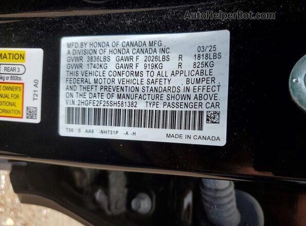 2HGFE2F25SH581382 2025 HONDA CIVIC Black Շարժիչի բաժամունքի տեսք