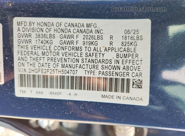 2HGFE2F25TH504707 2026 HONDA CIVIC Blue Vista del compartimento del motor