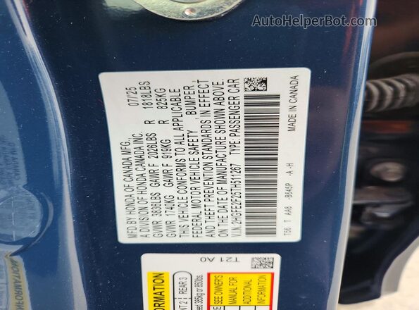 2HGFE2F25TH511267 2026 HONDA CIVIC Blue Vista del compartimento del motor