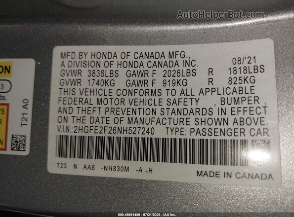 2HGFE2F26NH527240 2022 HONDA CIVIC Silver ძრავის განყოფილების ხედი