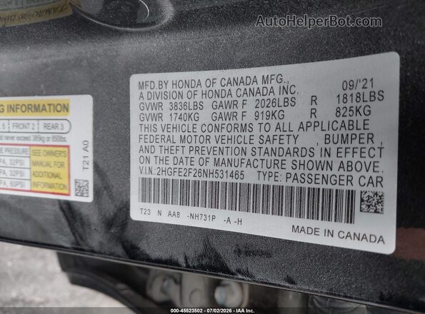 2HGFE2F26NH531465 2022 HONDA CIVIC Black ძრავის განყოფილების ხედი