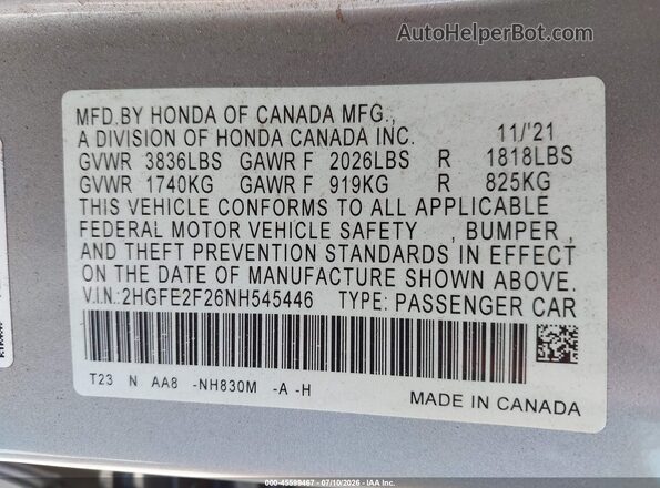 2HGFE2F26NH545446 2022 HONDA CIVIC Silver Շարժիչի բաժամունքի տեսք