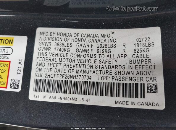 2HGFE2F26NH570704 2022 HONDA CIVIC Gray Widok komory silnika