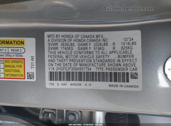 2HGFE2F26SH557754 2025 HONDA CIVIC Silver Շարժիչի բաժամունքի տեսք