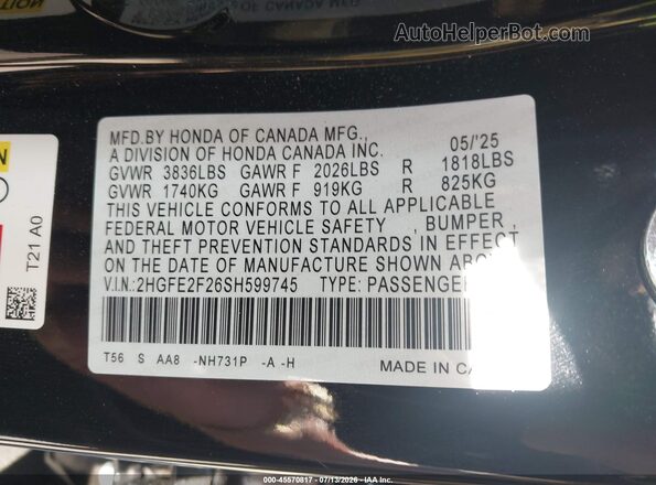 2HGFE2F26SH599745 2025 HONDA CIVIC Black VIN sticker view