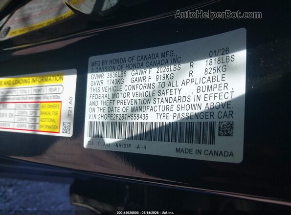 2HGFE2F26TH558436 2026 HONDA CIVIC Black Շարժիչի բաժամունքի տեսք