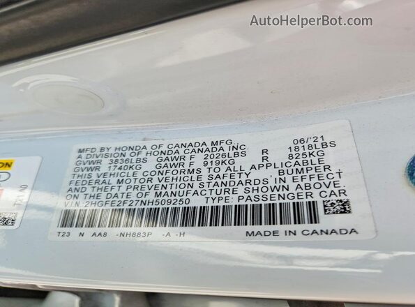 2HGFE2F27NH509250 2022 HONDA CIVIC White Vista de la etiqueta del VIN