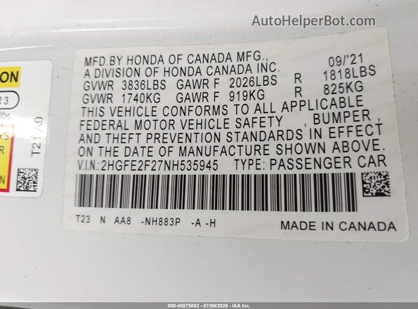 2HGFE2F27NH535945 2022 HONDA CIVIC Белый Вид подкапотного пространства