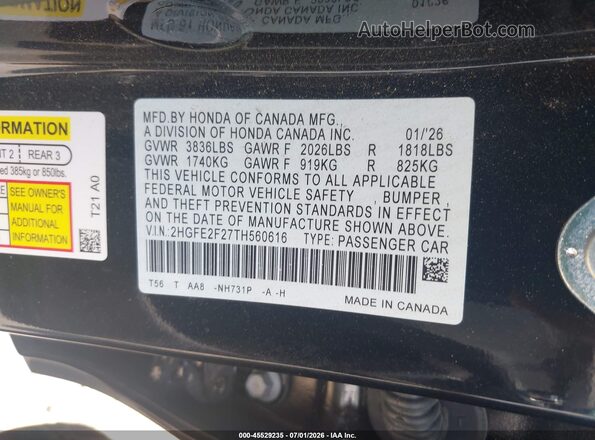 2HGFE2F27TH560616 2026 HONDA CIVIC Черный Вид подкапотного пространства
