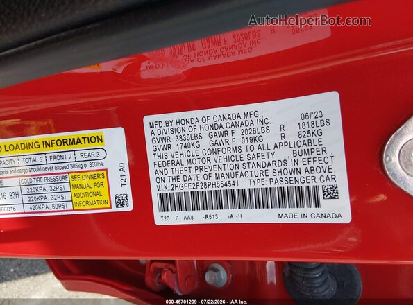 2HGFE2F28PH554541 2023 HONDA CIVIC Red Engine compartment view