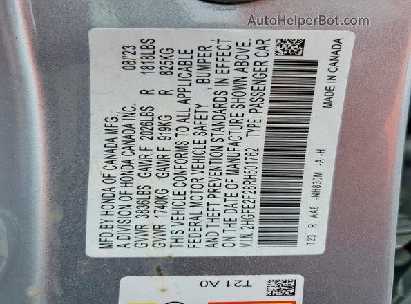 2HGFE2F28RH501762 2024 HONDA CIVIC Gray VIN կոդի պիտակի տեսք
