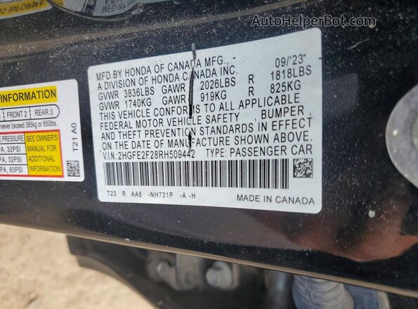 2HGFE2F28RH509442 2024 HONDA CIVIC Black Engine compartment view
