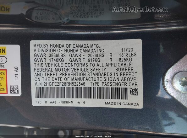 2HGFE2F28RH522546 2024 HONDA CIVIC Gray Vista del compartimento del motor