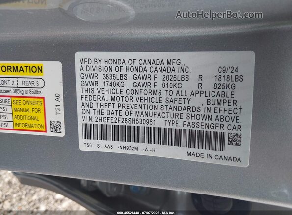2HGFE2F28SH530961 2025 HONDA CIVIC Silver Շարժիչի բաժամունքի տեսք