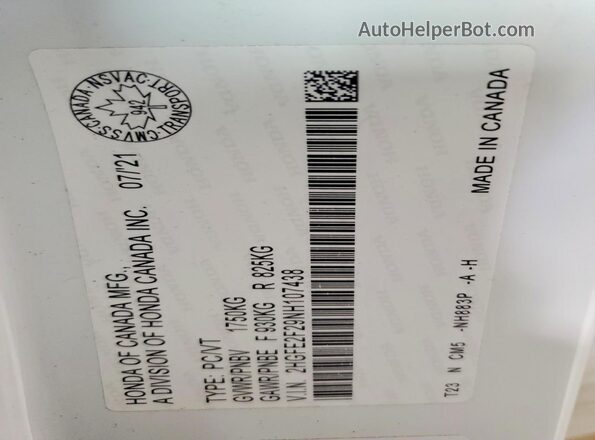 2HGFE2F29NH107438 2022 HONDA CIVIC White Vista de la etiqueta del VIN